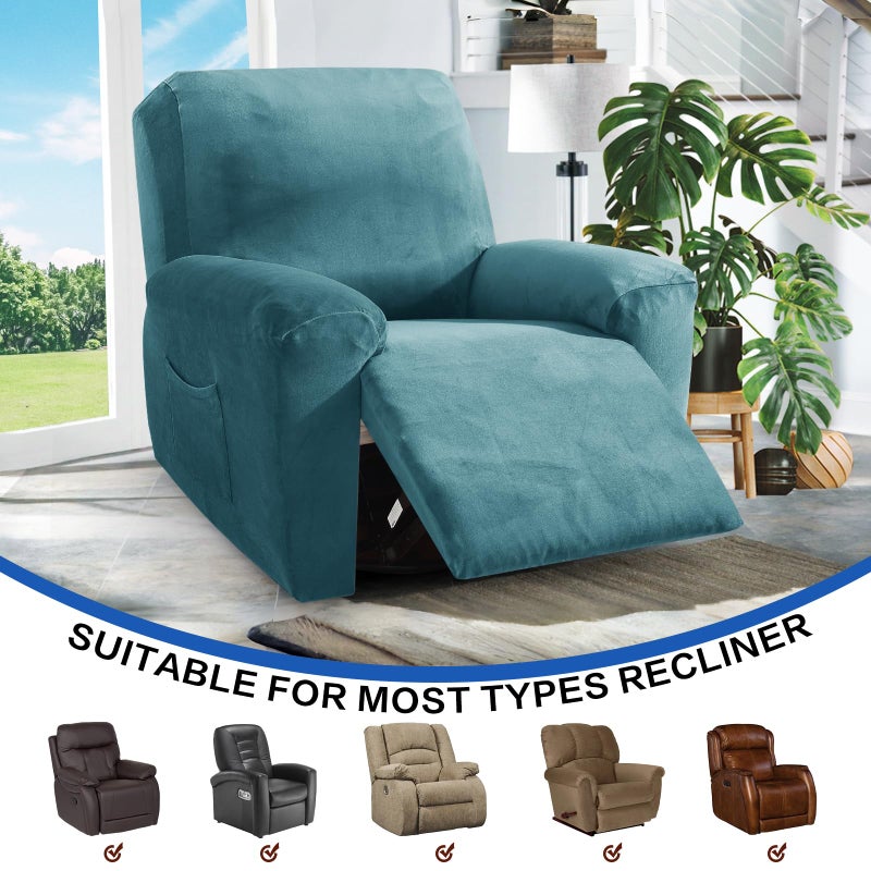 MAXIJIN Velvet 4 Piece Recliner Cover Stretch Plush Soft Recliner Chair Covers Thick Soft Reclining Chair Slipcovers Furniture Protector with Side Pocket for Kids, Pets (Peacock Blue) - Image 2